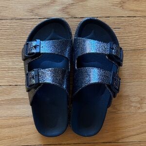 Kids Black Glitter Double-Buckle Slide Sandals